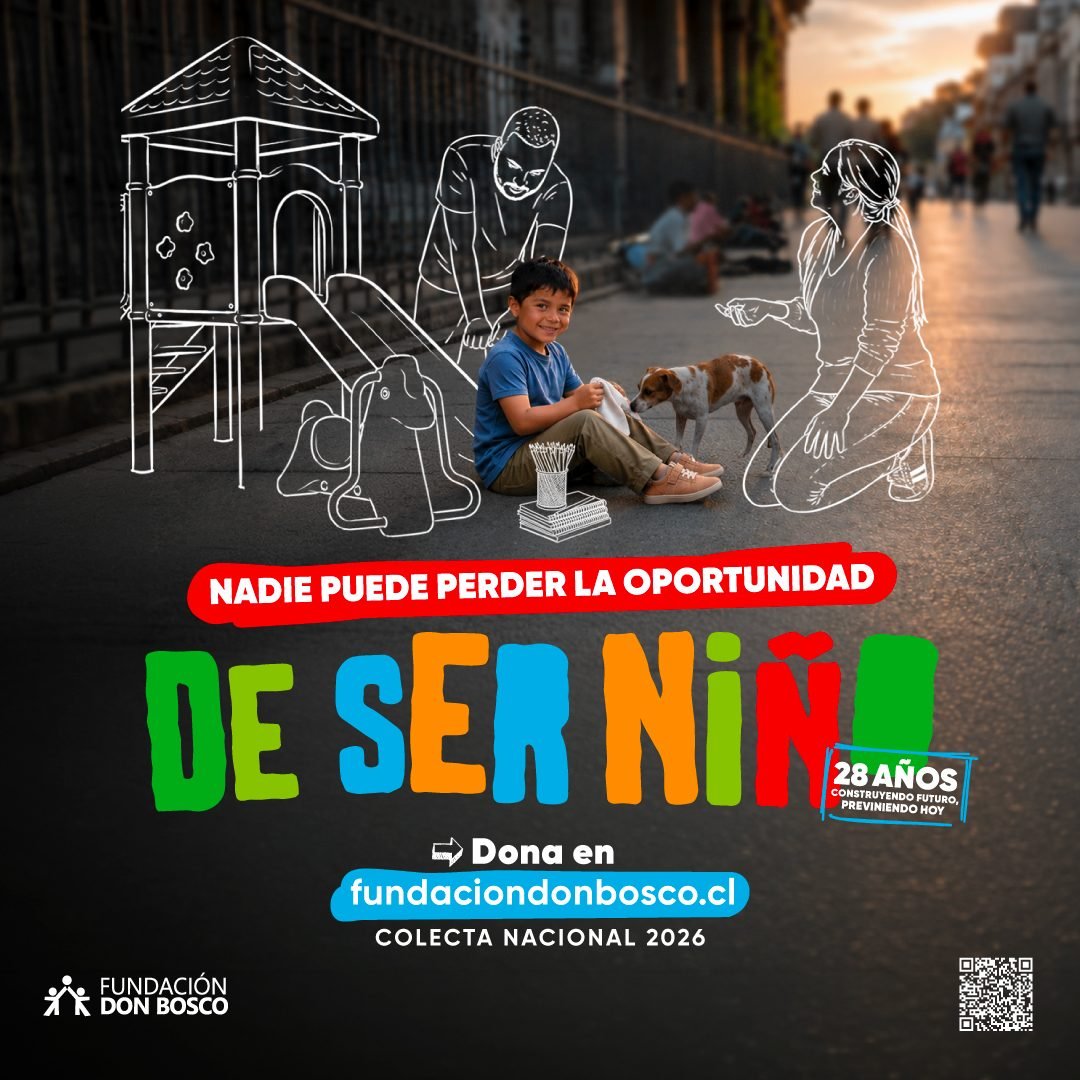 Afiche de la Colecta 2026: un niño sentado en la calle junto a un perro; a su alrededor, dibujados en línea blanca, un juego infantil, una mochila, libros y dos adultos que se agachan a su altura.